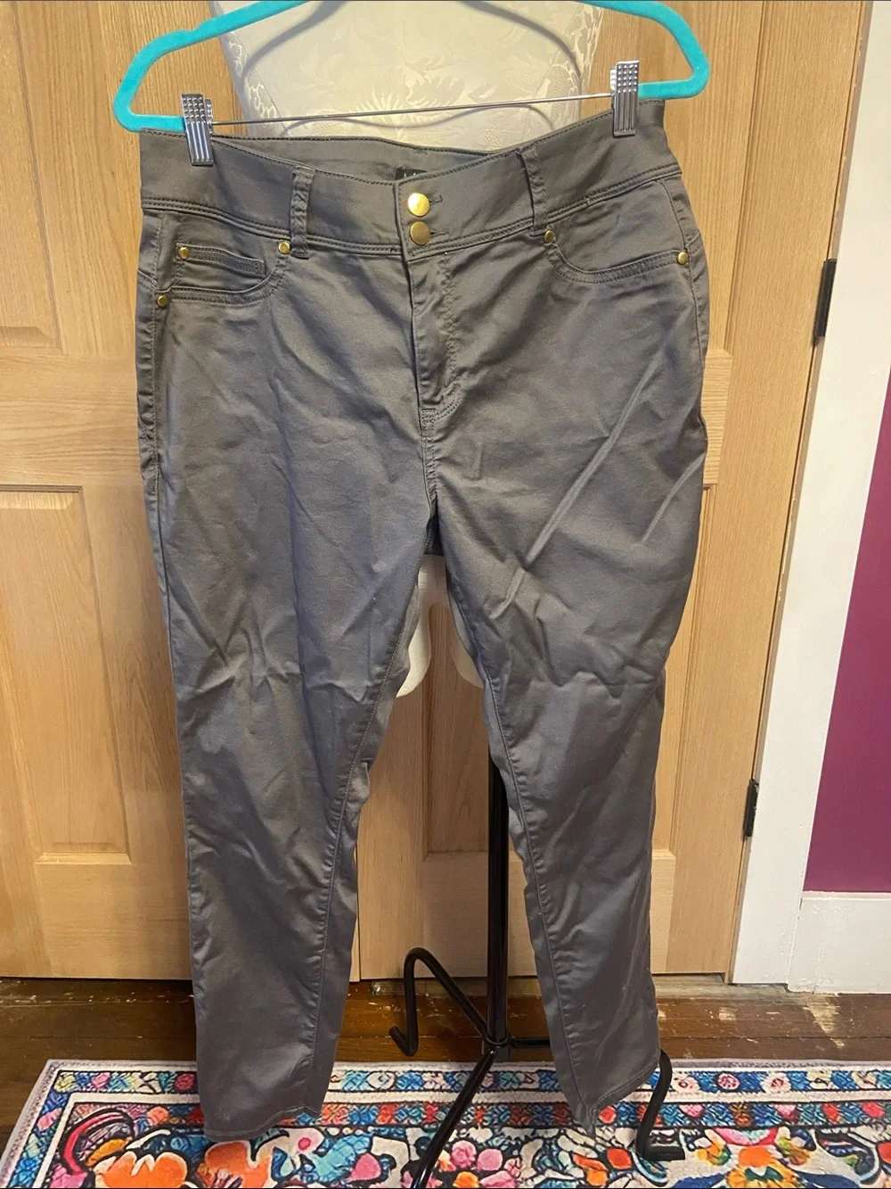 IMAN Gray Slim Pants with Gold-Tone Accents